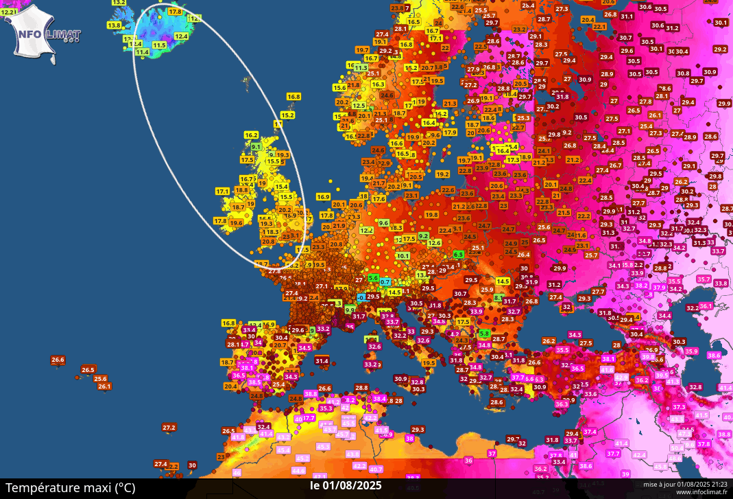 Tx et cumuls de pluies sur l'Europe ce venredi 1er août 2025
