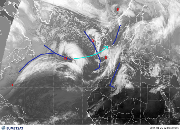 Image satellite IR 10.8 Âµm ce jour Ã  12h TU + annotations